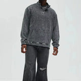 Zwarte Vintage Oversized Acid Wash Heren Quarter Zip Sweatshirt met Opstaande Kraag