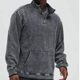 Zwarte Vintage Oversized Acid Wash Heren Quarter Zip Sweatshirt met Opstaande Kraag