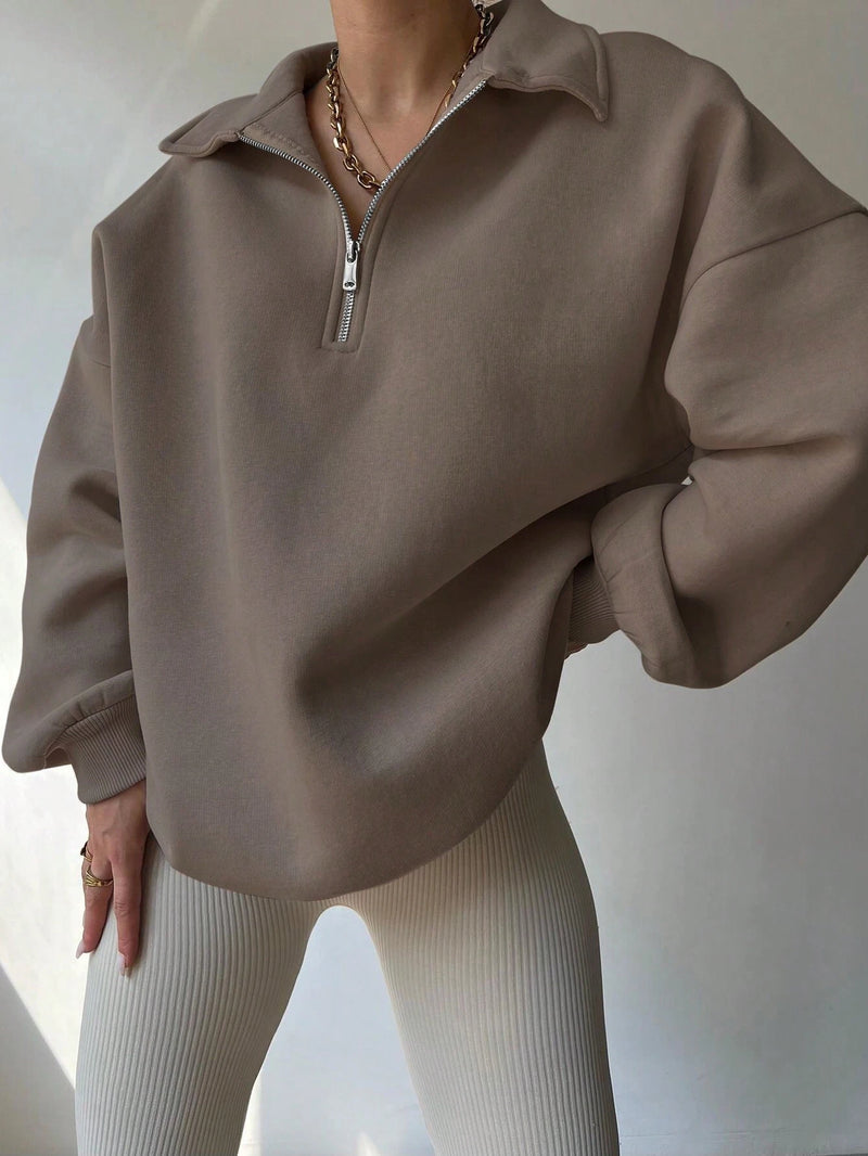 INAWLY Dames Hoodie: Effen Kleur, Halve Rits, Comfortabele Drop Shoulder Mouwen