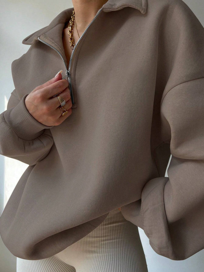 INAWLY Dames Hoodie: Effen Kleur, Halve Rits, Comfortabele Drop Shoulder Mouwen