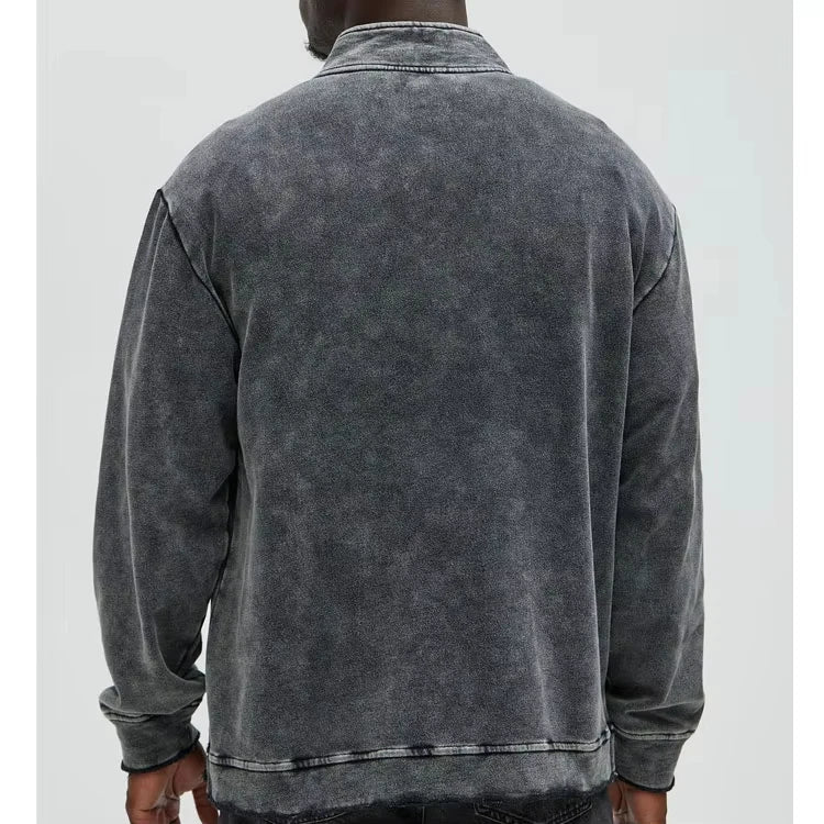 Zwarte Vintage Oversized Acid Wash Heren Quarter Zip Sweatshirt met Opstaande Kraag