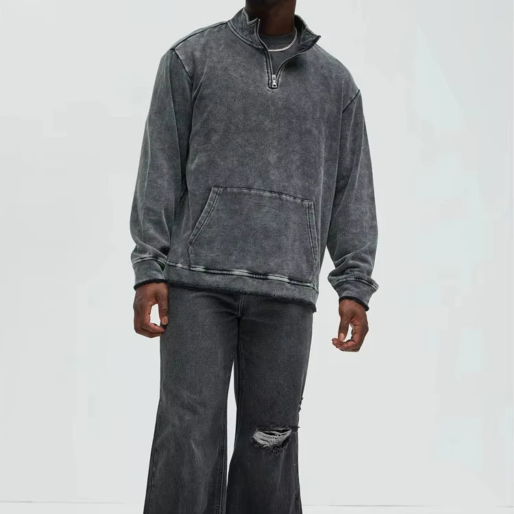 Zwarte Vintage Oversized Acid Wash Heren Quarter Zip Sweatshirt met Opstaande Kraag