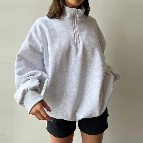Ultieme Knusheid: Oversized Dames Hoodie van Fleece Katoen met Kwart Rits