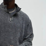 Zwarte Vintage Oversized Acid Wash Heren Quarter Zip Sweatshirt met Opstaande Kraag