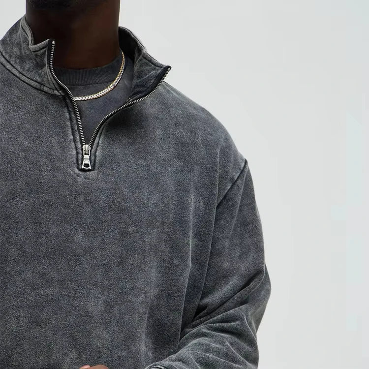 Zwarte Vintage Oversized Acid Wash Heren Quarter Zip Sweatshirt met Opstaande Kraag