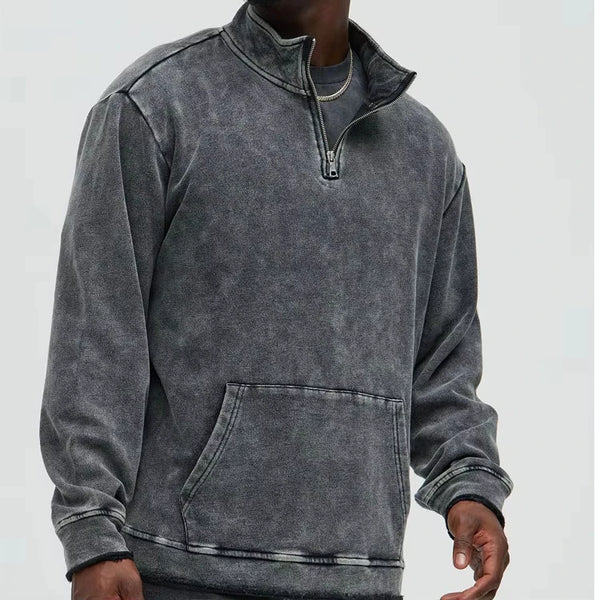 Zwarte Vintage Oversized Acid Wash Heren Quarter Zip Sweatshirt met Opstaande Kraag