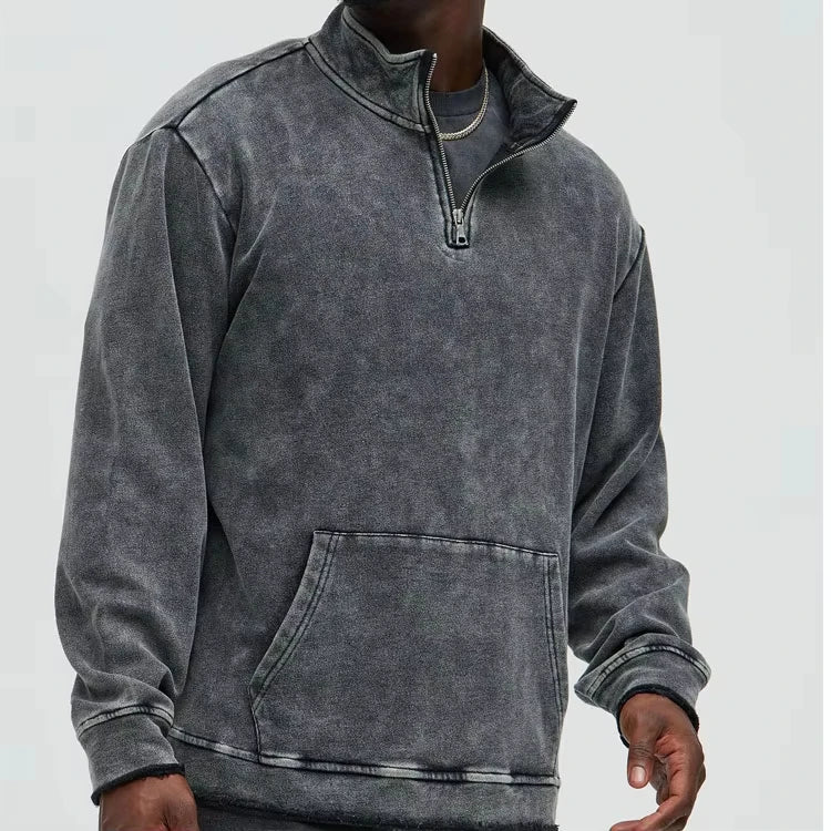 Zwarte Vintage Oversized Acid Wash Heren Quarter Zip Sweatshirt met Opstaande Kraag